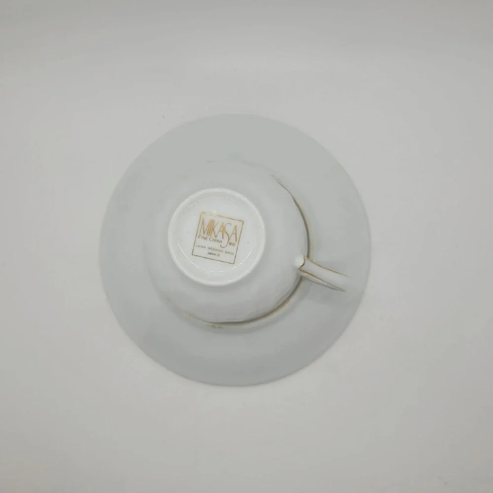 Mikasa Wedding Band Tea Cup Saucer Set Gold Trim White Fine China Japan
